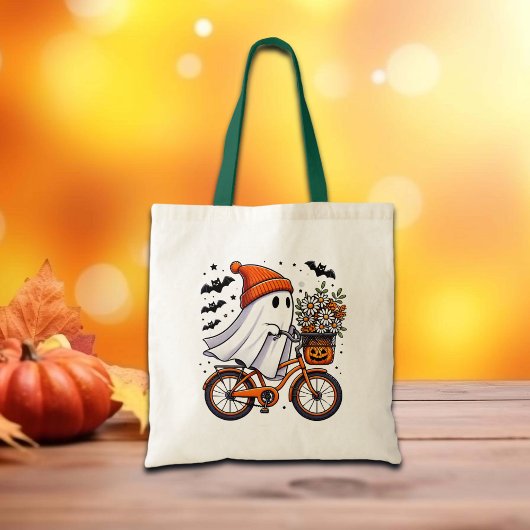Retro Ghost op de fiets Halloween Tote Bag