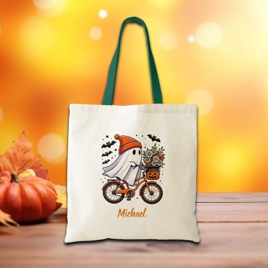 Retro Ghost op de fiets Halloween Tote Bag