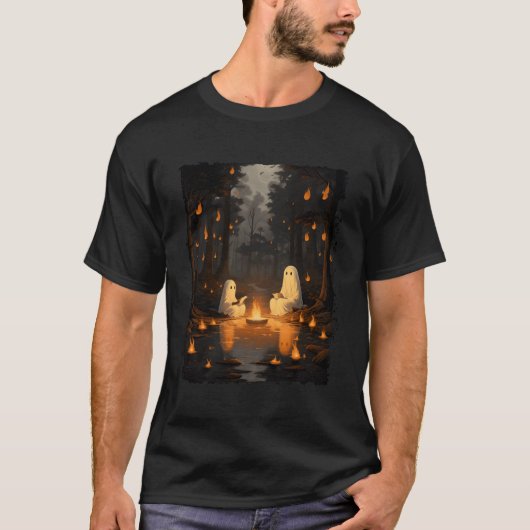 Retro Ghost Reading Book Campfire Halloween Campin T-shirt (Voorkant)