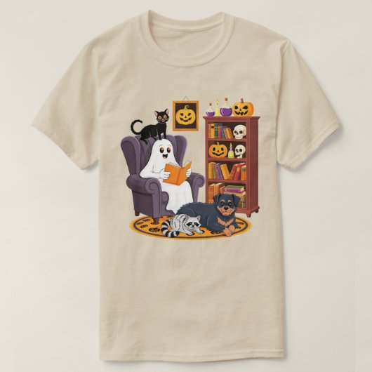 Retro Ghost Reading Books with Black Cat Raccoon  T-shirt (Design voorkant)