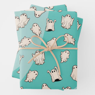 Retro Ghosts Blue Halloween Inpakpapier Vel
