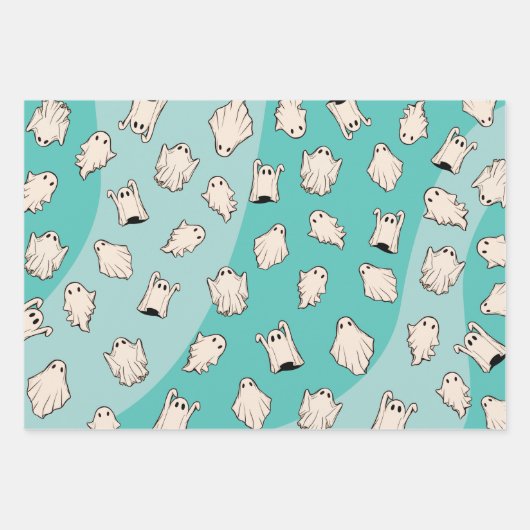 Retro Ghosts Blue Halloween Inpakpapier Vel (Voorkant)