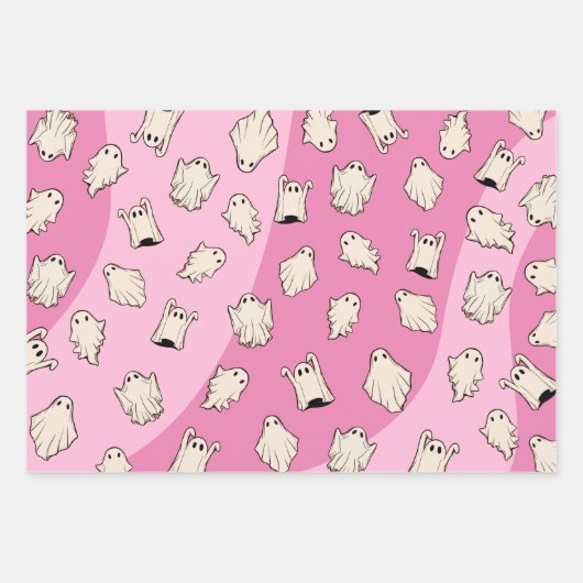 Retro Ghosts Pink Halloween Inpakpapier Vel (Voorkant)