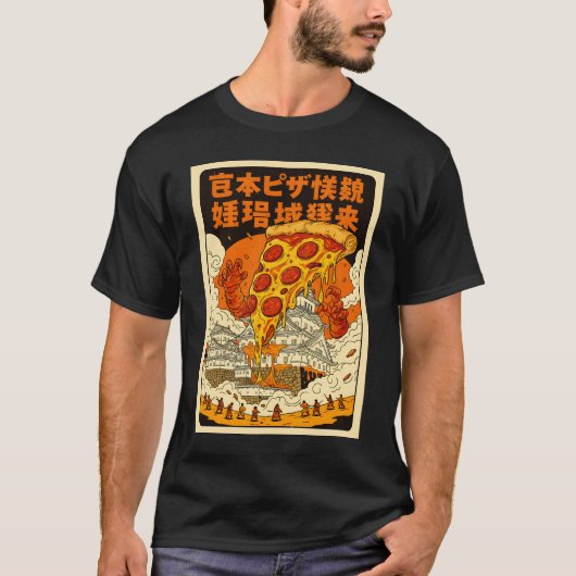 Retro Giant Pizza Monster Attacks Himeji Castle T-shirt (Voorkant)