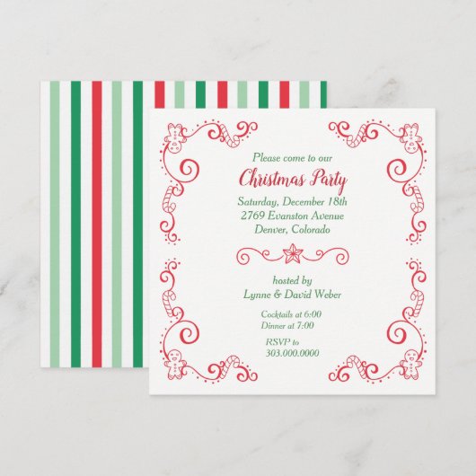 Retro Gingerbread Candy Cane Border Holiday Party Kaart (Voorkant / Achterkant)