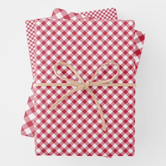 Retro Gingham Kersenrood Inpakpapier Vel (In situ)