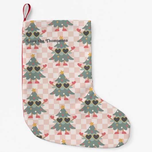 Retro Gingham Kerstboom Persoonlijk Kleine Kerstsok (Voorkant)