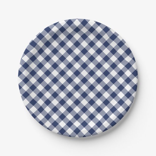 Retro Gingham Navyblauw Papieren Bordje (Voorkant)