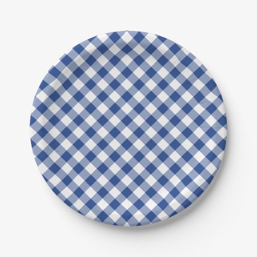 Retro Gingham True Blue Papieren Bordje (Voorkant)