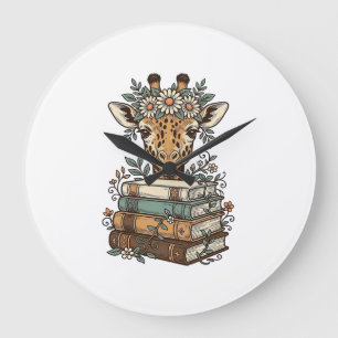 Retro Giraffe Leest Boeken Bloem Shirt Ontwerp_ Grote Klok