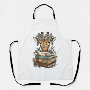 Retro Giraffe Leest Boeken Bloem Shirt Ontwerp_ Schort