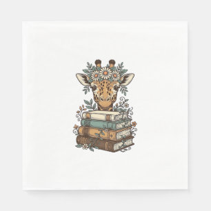 Retro Giraffe Leest Boeken Bloem Shirt Ontwerp_ Servet