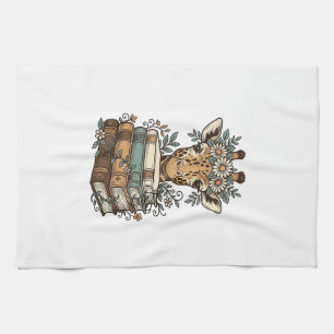 Retro Giraffe Leest Boeken Bloem Shirt Ontwerp_ Theedoek