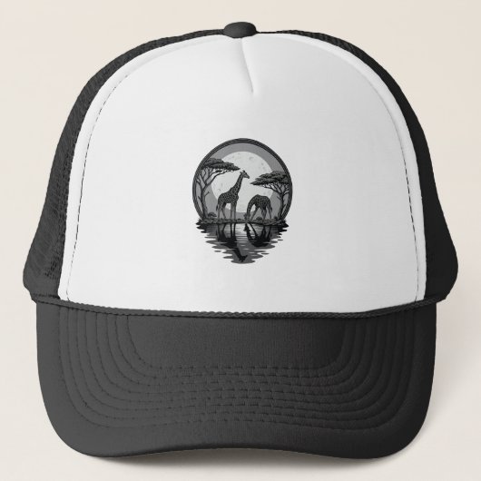 Retro Giraffe Maan Silhouet Safari Vector Ontwerp Trucker Pet (Voorkant)