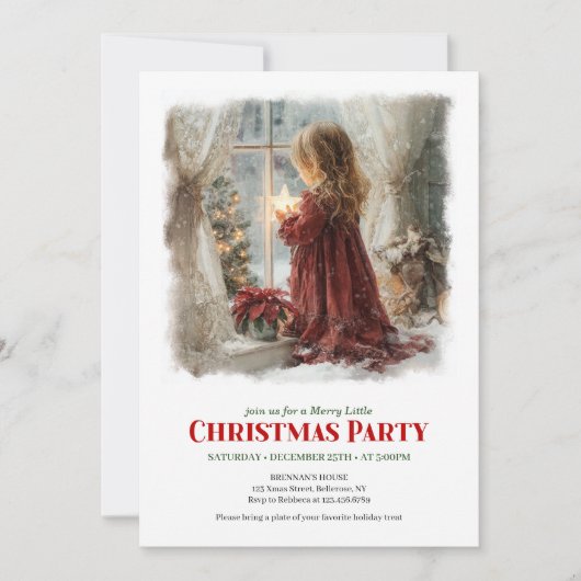 Retro girl awaits Santa digital Christmas invites Kaart (Voorkant)