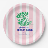 Retro Girl Beach Club Pink Stripes Birthday Party Papieren Bordje (Voorkant)