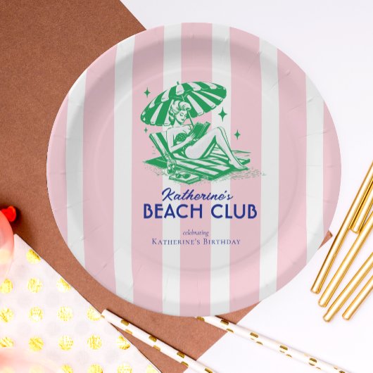 Retro Girl Beach Club Pink Stripes Birthday Party Papieren Bordje