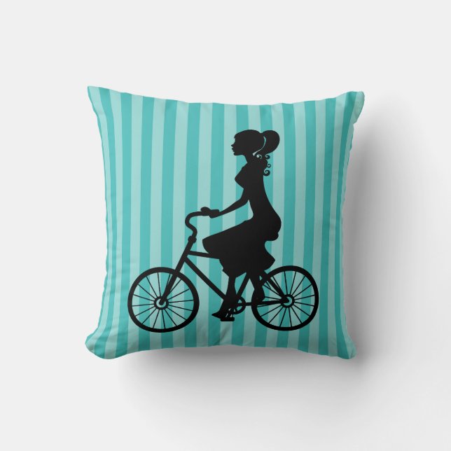 Retro Girl Cyclist Silhouette Kussen (Voorkant)