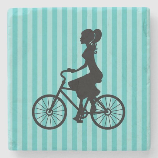 Retro Girl Cyclist Silhouette Stenen Onderzetter (Voorkant)