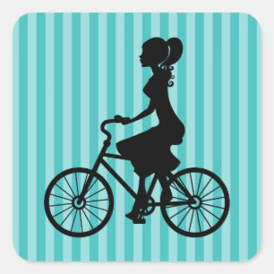 Retro Girl Cyclist Silhouette Vierkante Sticker