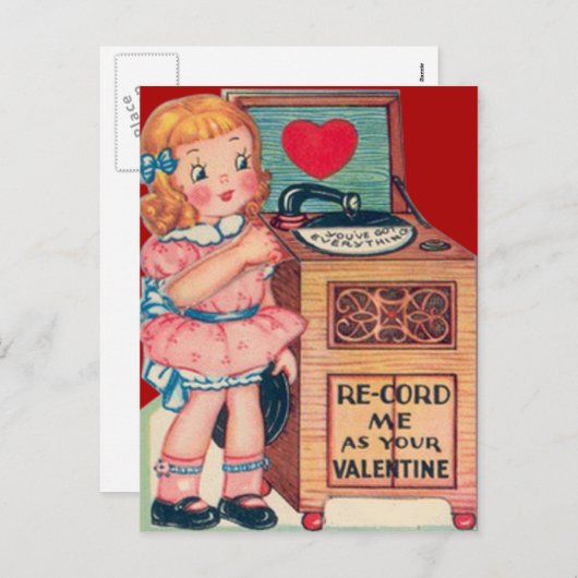 Retro Girl Record Player Valentijn Kaart (Voorkant / Achterkant)