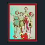 Retro Girls Day in het strand Briefkaart<br><div class="desc">Kunstwerk gemaakt van een retrofoto. Vier meisjespillen in zwemkostuums staan op het strand. Onbekende vrouwelijke foto uit openbare bron.</div>