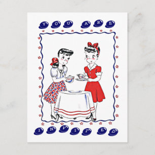 Retro Girls die een Tea Party Social Invitation on Kaart