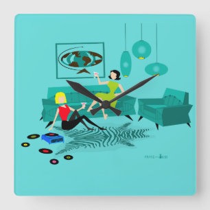 Retro Girls nacht in acrylwandklok Vierkante Klok