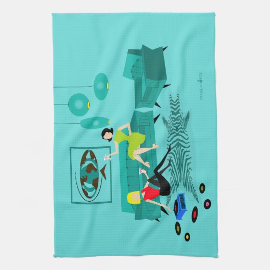 Retro Girls nacht in Dish Towel Theedoek (Verticaal)