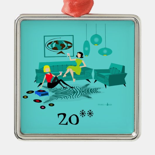 Retro Girl's nacht in kerstsieraad Metalen Ornament (Voorkant)