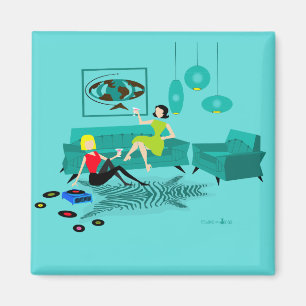 Retro Girl's nacht op Square Magnet