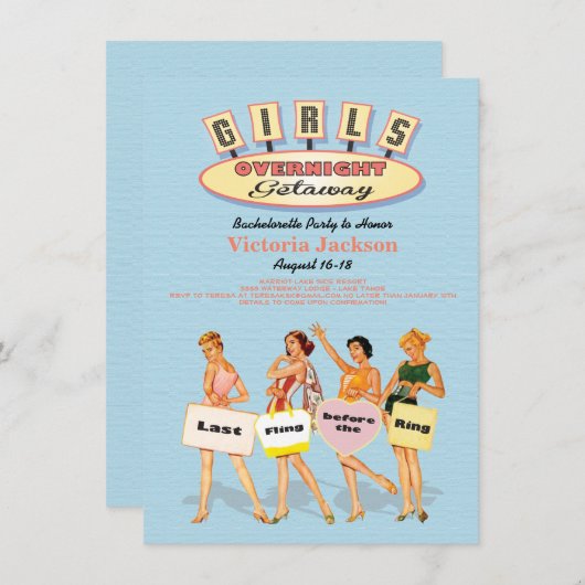Retro Girls Overnight Gtaway Invitations Kaart (Voorkant / Achterkant)