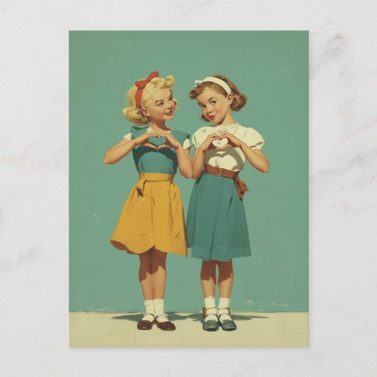 Retro Girls Sharing Heartfelt Joy Briefkaart (Voorkant)