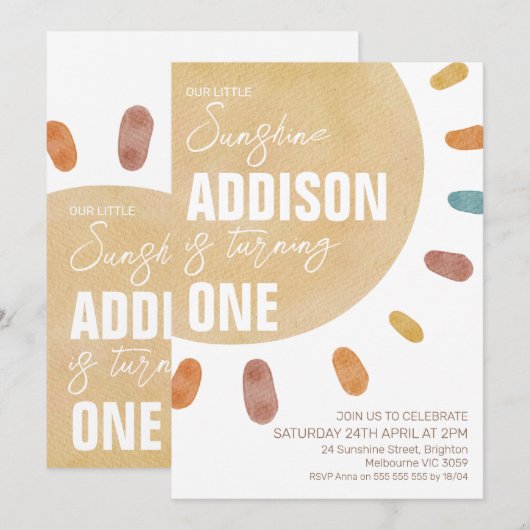Retro Girls Sunshine 1e verjaardag Uitnodiging (Voorkant / Achterkant)