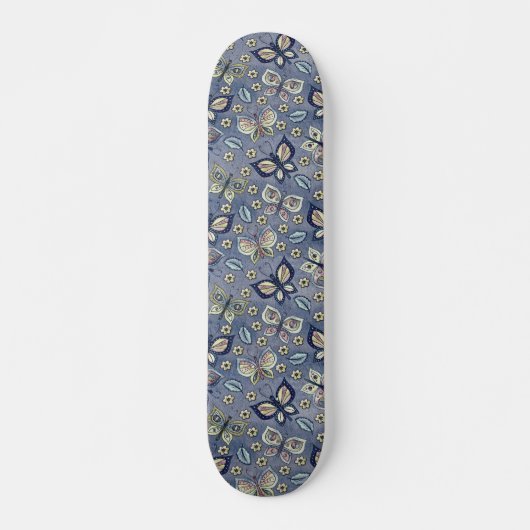 Retro Girly Blue Butterfly Pattern Skateboard (Voorkant)