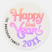 Retro Girly Gelukkig Nieuwjaar Roze Script Ronde Sticker (Voorkant)