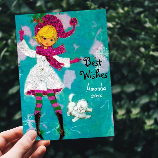 retro girly Kerstmis Nieuwjaar groet Feestdagenkaart