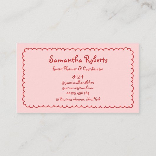 Retro Girly Rood Roze Hand getekend grillige Boho Visitekaartje (Achterkant)