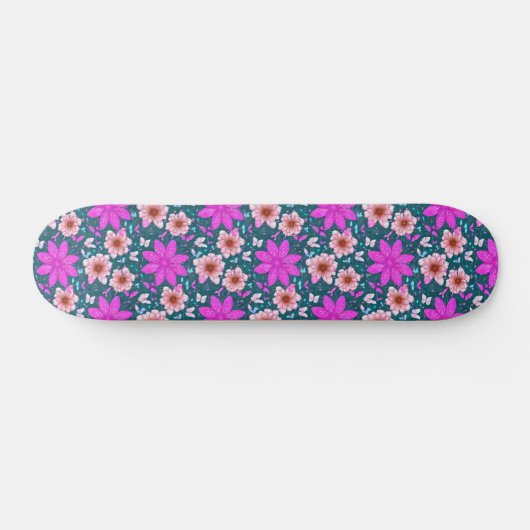 Retro Girly Roze Bloemen Patroon Skateboard (Horizontaal)