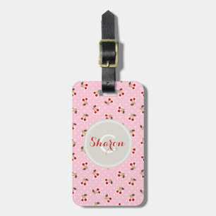 Retro girly roze monogram van kersenpatronen bagagelabel