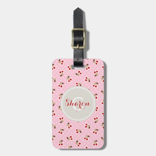 Retro girly roze monogram van kersenpatronen bagagelabel (Voorkant verticaal)