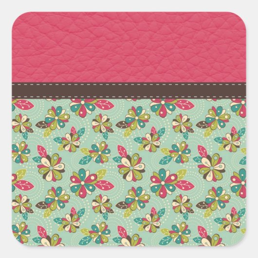 Retro Girly Roze Patroon met Leer Vierkante Sticker (Voorkant)