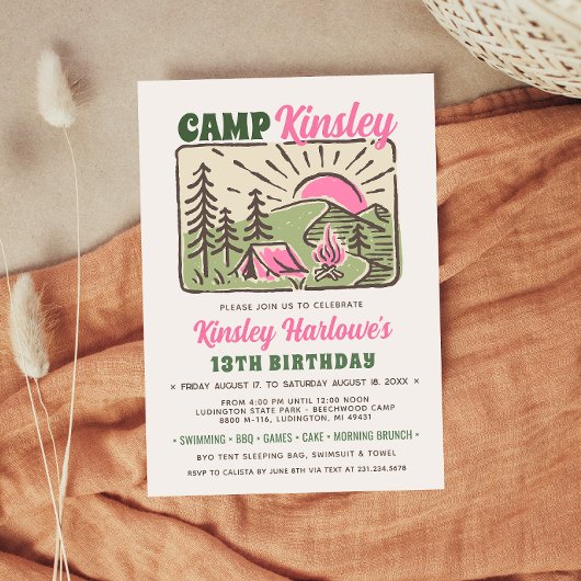 Retro Girly Weekend Camp Birthday Invitation Kaart