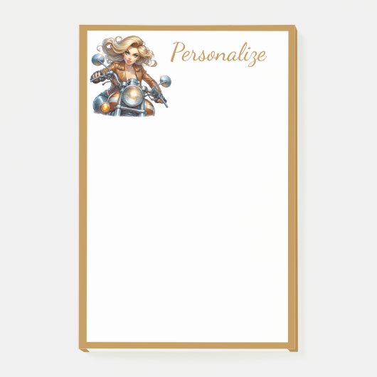 Retro Glam Girl Motorfiets Gouden Rand Personalise Post-it® Notes (Voorkant)
