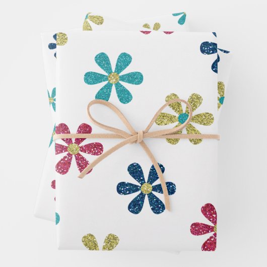 Retro Glam Girly 60s Glitter Bloemen Goud Blauw Ro Inpakpapier Vel (In situ)