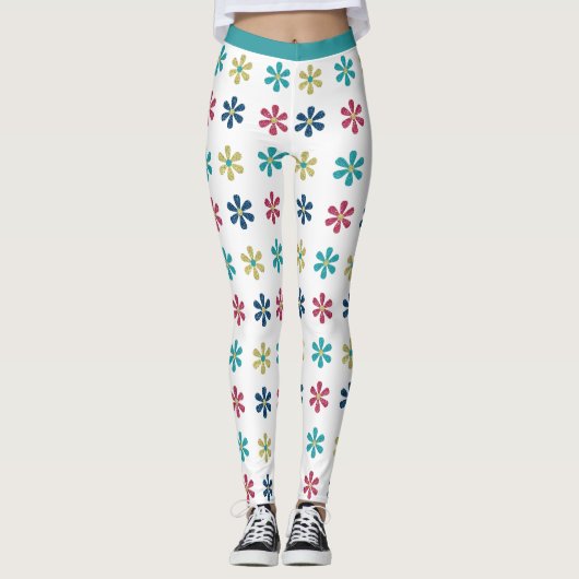 Retro Glam Girly 60s Glitter Bloemen Goud Blauw Ro Leggings (Voorkant)