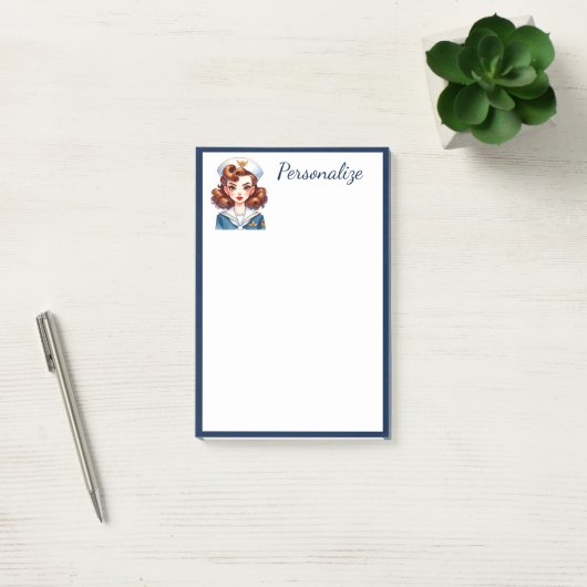 Retro Glam Marine Meisje Blauwe Grens Personaliser Post-it® Notes (Kantoor)