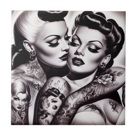 Retro Glam Tattoo Meisjes Tegeltje (Voorkant)