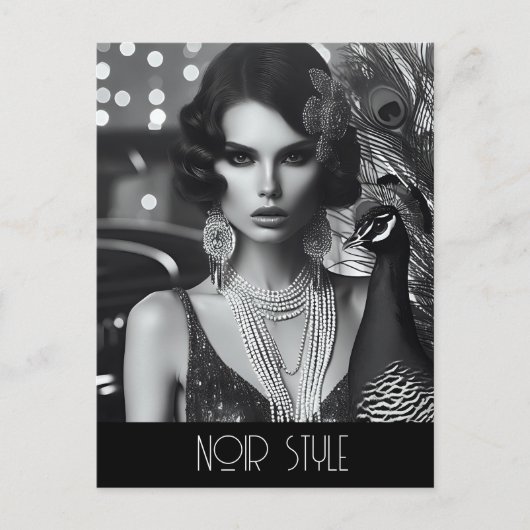  retro glamour meisje met pauw briefkaart (Voorkant)