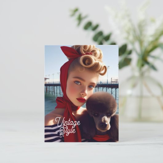 retro glamour meisje met poedel briefkaart (Staand voorkant)